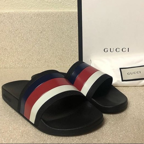 red white blue gucci slides